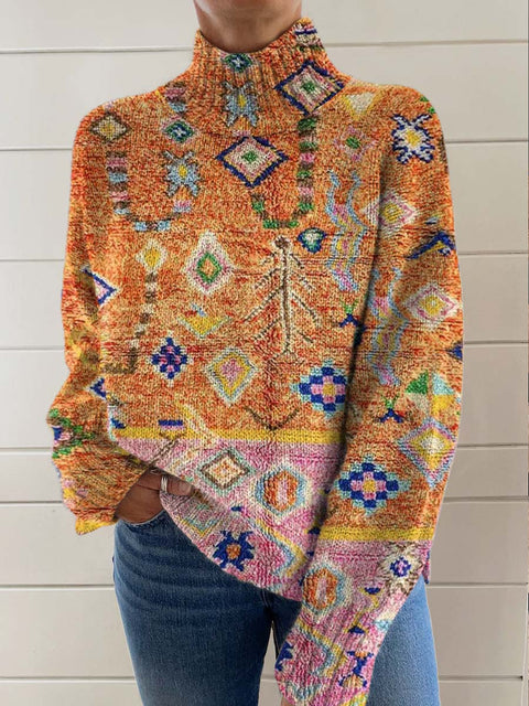 Women's Retro Ethnic Art Patterns Print Knit Turtleneck Pullover Sweater