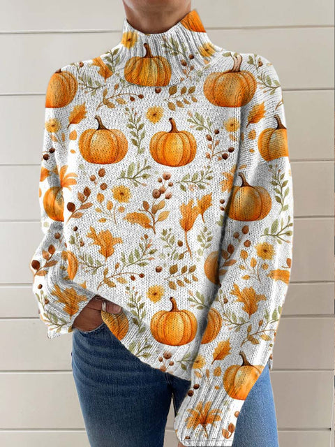 Women's Retro Halloween Autumn Pumpkin Print Knit Turtleneck Pullover Sweater