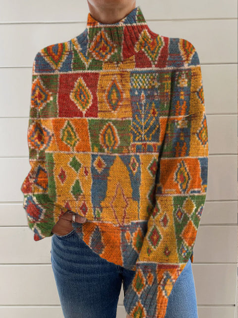 Women's Retro Ethnic Art Patterns Print Knit Turtleneck Pullover Sweater