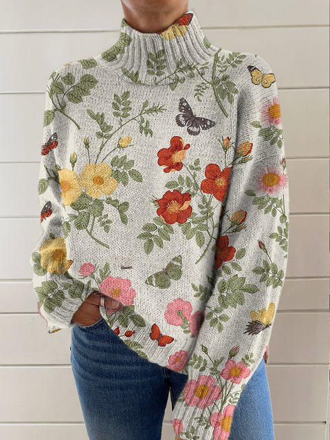 Women's Retro Artistic Flowers Print Knit Turtleneck Pullover Sweater