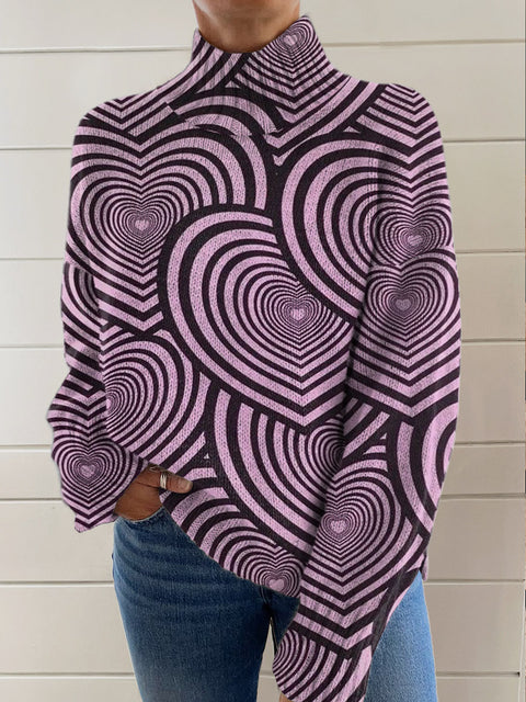 Women's Art Abstract Lines Heart Print Knit Turtleneck Pullover Sweater