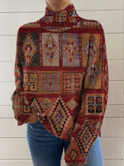 Women's Retro Ethnic Art Patterns Print Knit Turtleneck Pullover Sweater