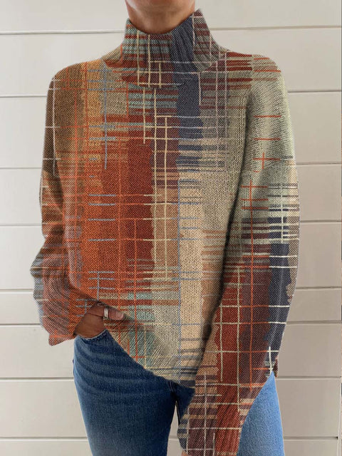Women's Art Gradient Abstract Lines Print Knit Turtleneck Pullover Sweater