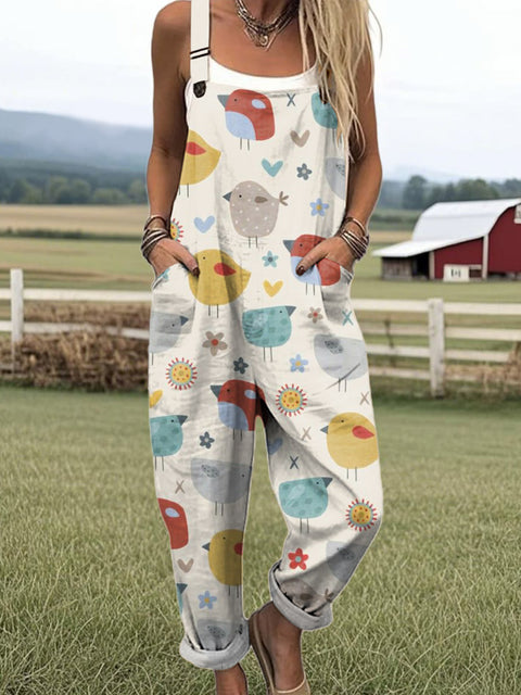 Women's Artistic Creative Cartoon Bird Print Casual 100% Cotton Wide Leg Jumpsuit