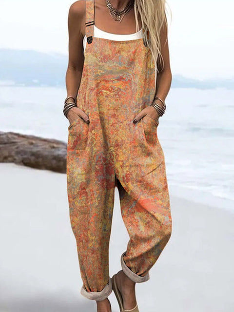 Women's Retro Art Abstract Patterns Print Casual 100% Cotton Wide Leg Jumpsuit