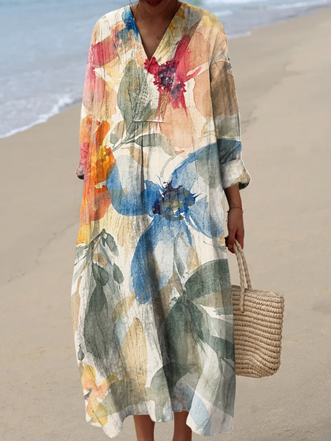 Women's Retro Art Watercolour Flowers Creative Artistic Flowers Art Print Dress