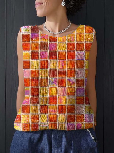Women's Artistic Coloured Glass Bricks Patterns Print Casual Summer Knitting Top