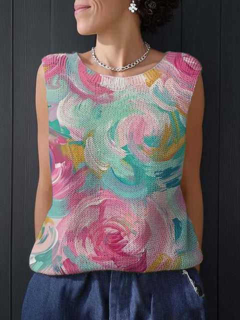 Women's Art Oil Painting Flowers Print Casual Summer Knitting Top