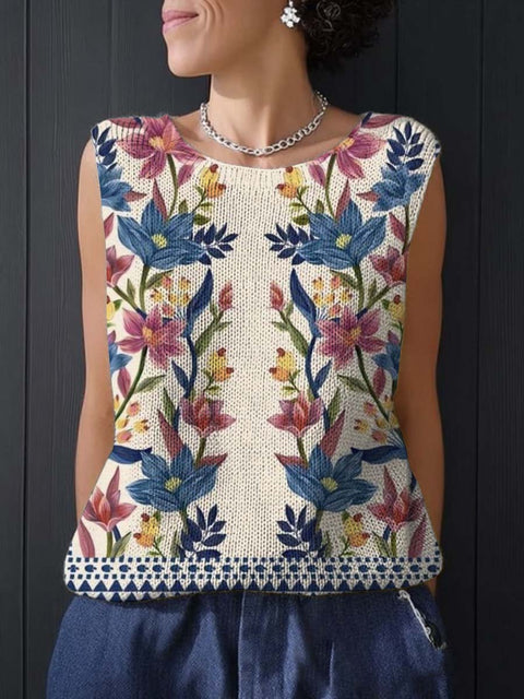 Women's Retro Artistic Flowers Print Casual Summer Knitting Top