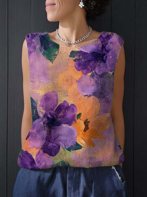 Women's Retro Artistic Flowers Print Casual Summer Knitting Top