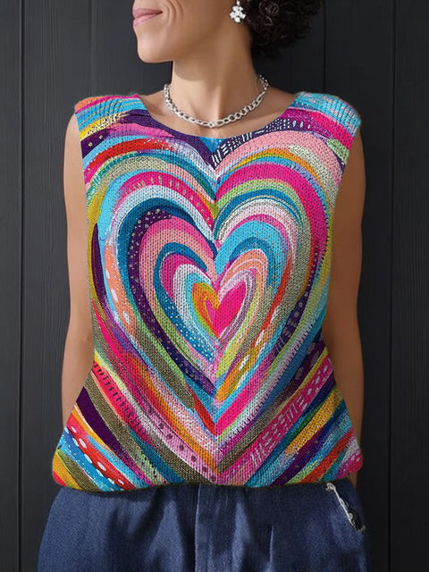 Women's Colourful Artistic Abstract Heart Print Casual Summer Knitting Top