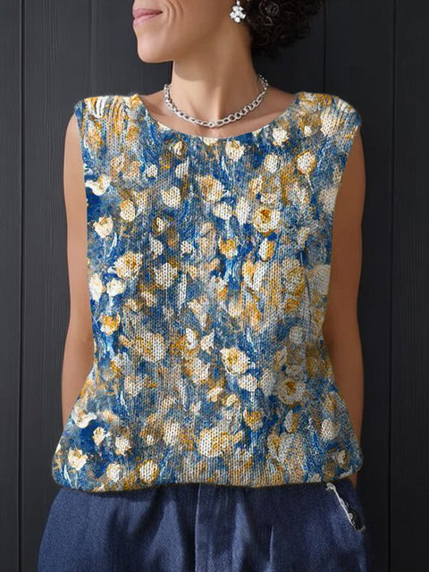 Women's Retro Art Selection Oil Painting Print Casual Summer Knitting Top
