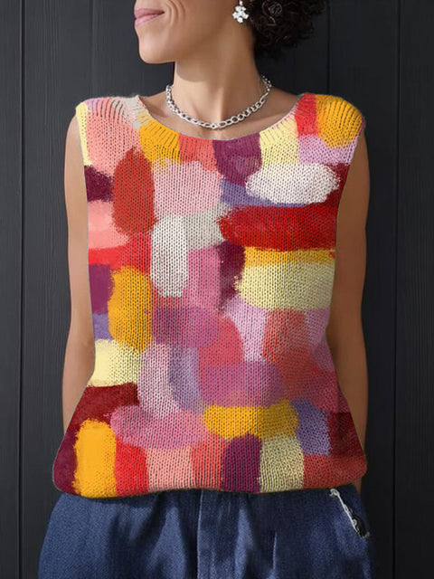 Women's Retro Colour Oil Painting Print Casual Summer Knitting Top