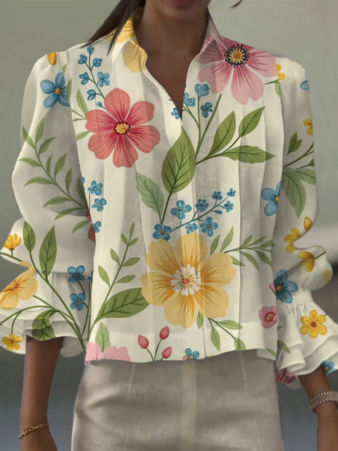 Women's Retro Artistic Flowers Print Casual  Cotton And Linen Shirt