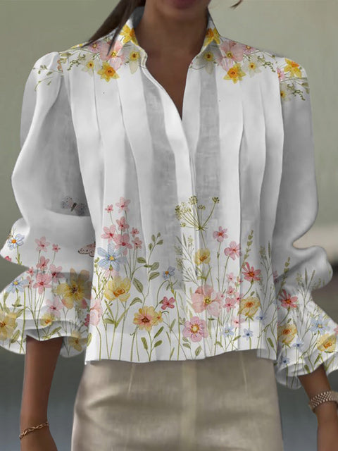 Women's Retro Artistic Flowers Print Casual  Cotton And Linen Shirt