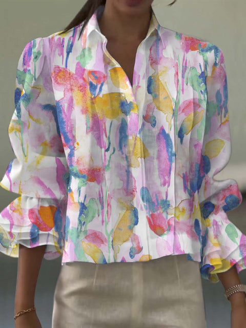 Women's Colourful Artistic Abstract Watercolour Print Casual  Cotton And Linen Shirt