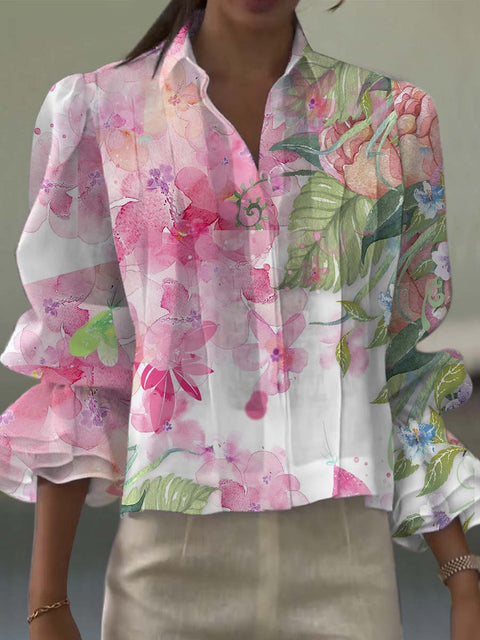 Women's Retro Art Watercolour Flowers Print Casual  Cotton And Linen Shirt