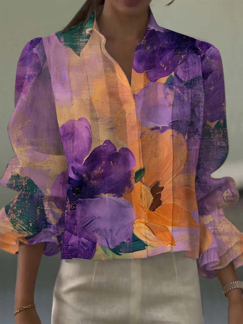 Women's Retro Art Watercolour Flowers Print Casual  Cotton And Linen Shirt