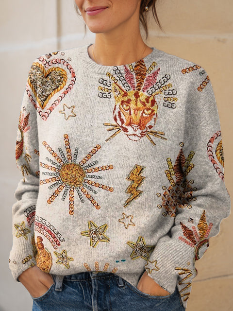 Women's Retro Art Creative Bird Tiger Print Knit Pullover Sweater
