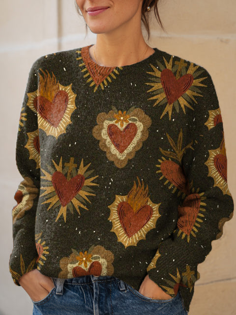 Women's Retro Art Love Print Knit Pullover Sweater