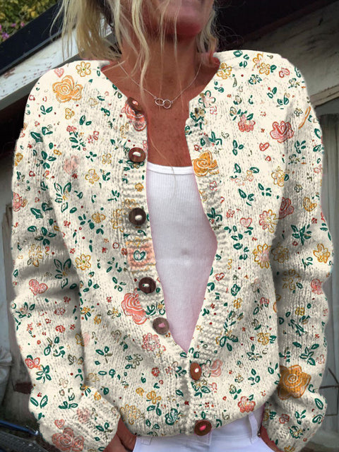 Women's Creative Floral Art Print Buttoned Cardigan Sweater