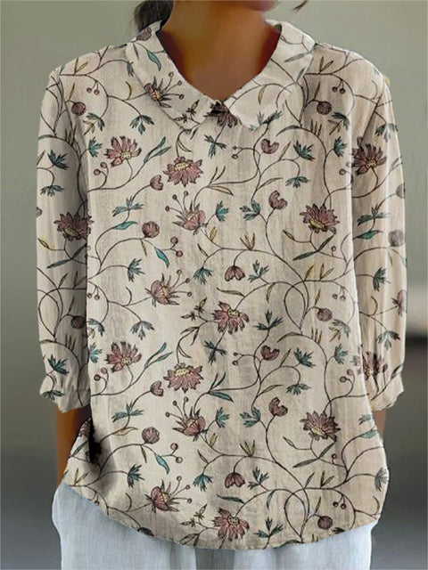 Women's Retro Artistic Flowers Print Casual Cotton And Linen 3/4 Sleeve Shirt