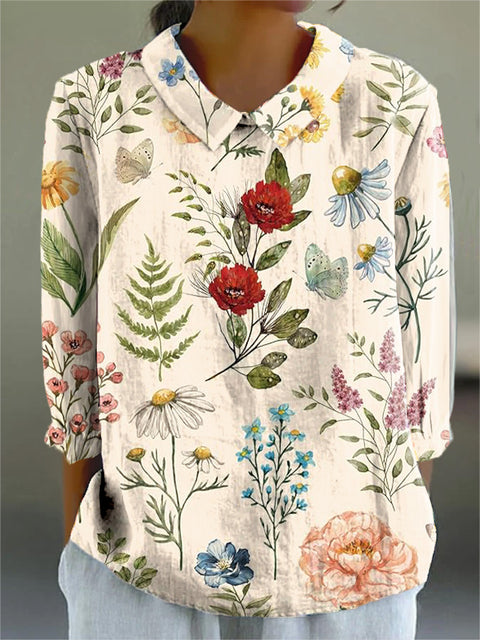 Women's Retro Artistic Flowers Print Casual Cotton And Linen 3/4 Sleeve Shirt