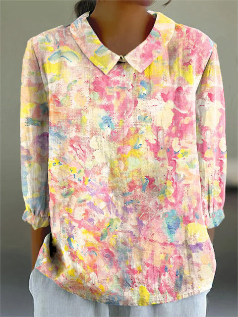 Women's Artistic Oil Painting Abstract Flowers Print Casual Cotton And Linen 3/4 Sleeve Shirt