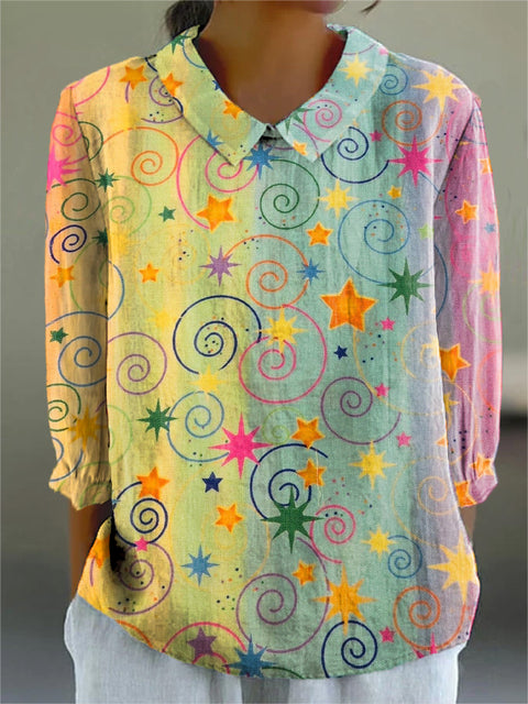 Women's Colourful Artistic Line Stars Print Casual Cotton And Linen 3/4 Sleeve Shirt