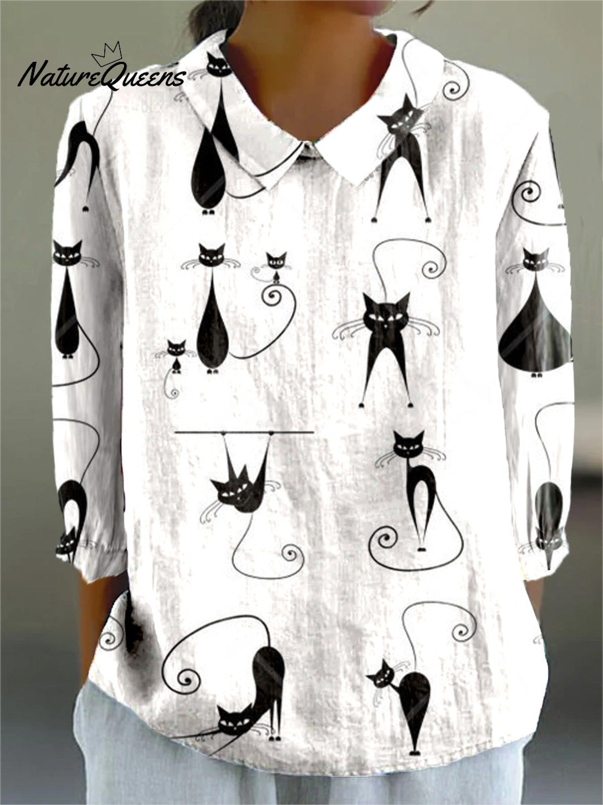 Women's Artistic Abstract Fun Black Cat Print Casual Cotton And Linen 3/4 Sleeve Shirt