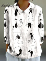Women's Artistic Abstract Fun Black Cat Print Casual Cotton And Linen 3/4 Sleeve Shirt