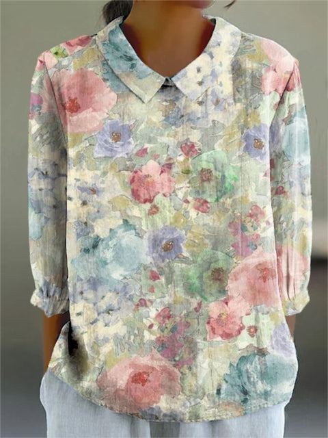 Women's Retro Artistic Flowers Print Casual Cotton And Linen 3/4 Sleeve Shirt