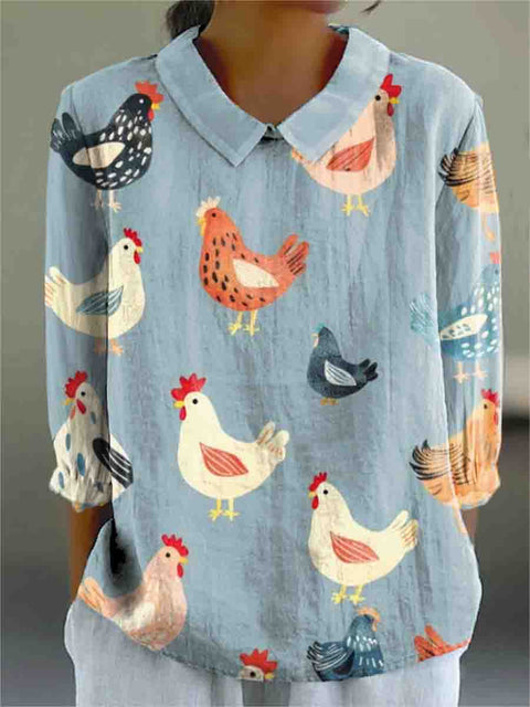 Women's Artistic Taste Little Chicken Print Casual Cotton And Linen 3/4 Sleeve Shirt