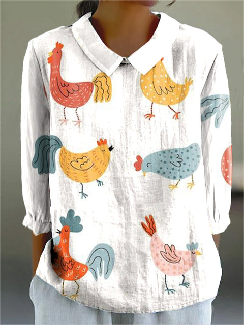 Women's Artistic Taste Little Chicken Print Casual Cotton And Linen 3/4 Sleeve Shirt