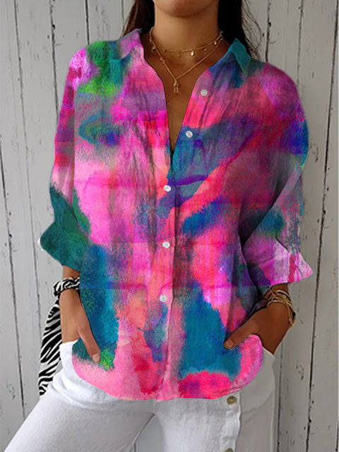 Women's Artistic Abstract Blurring Print Casual Linen V-neck Shirt