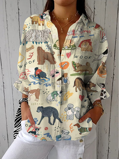 Women's Artistic Abstract Dog Print Casual Linen V-neck Shirt