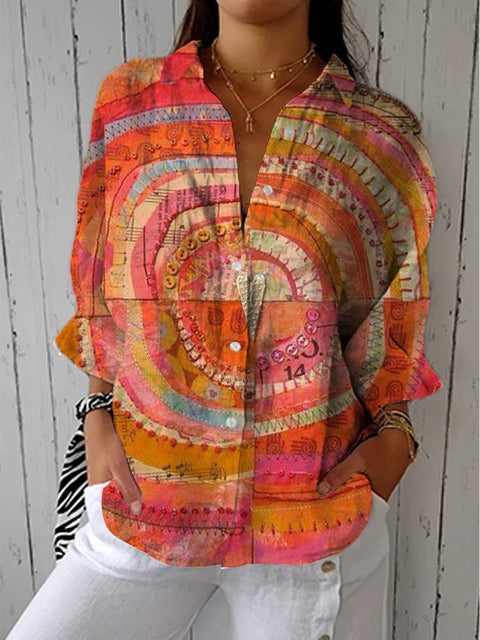 Women's Retro Art Abstract Patterns Print Casual Linen V-neck Shirt