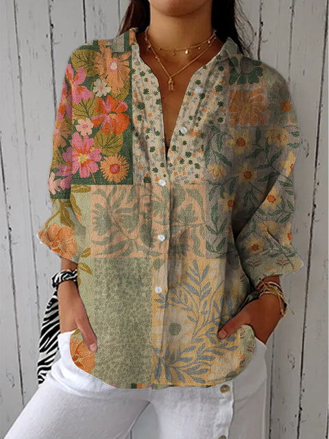 Women's Retro Ethnic Art Flowers Print Casual Linen V-neck Shirt