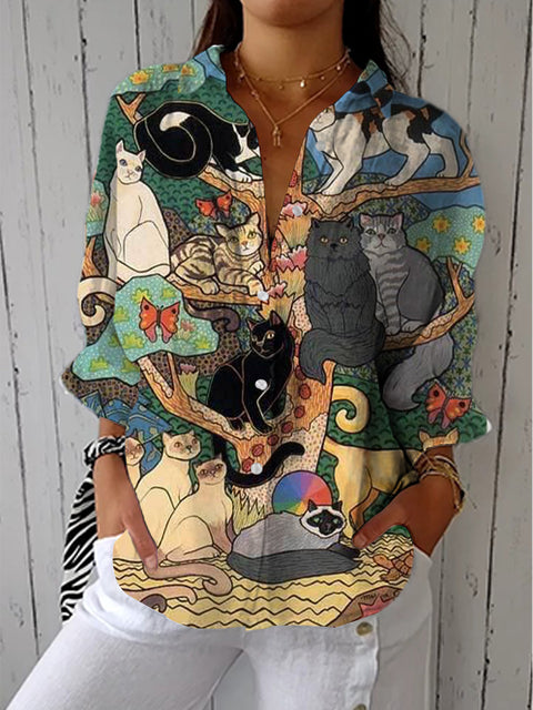 Women's Retro Art Creative Cat Print Casual Linen V-neck Shirt