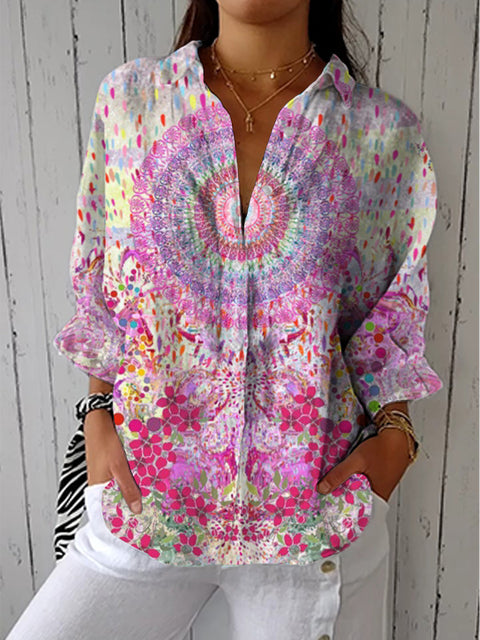 Women's Artistic Creative Abstract Patterns Print Casual Linen V-neck Shirt