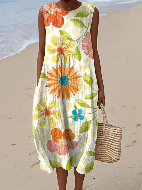 Women's Artistic Creative Flowers Print Sleeveless Cotton Pocket Wrap Dress