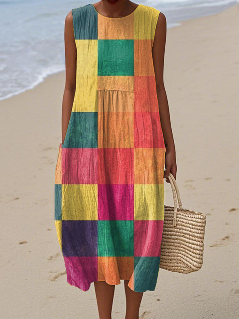Women's Artistic Colorful Geometry Print Sleeveless Cotton Pocket Wrap Dress