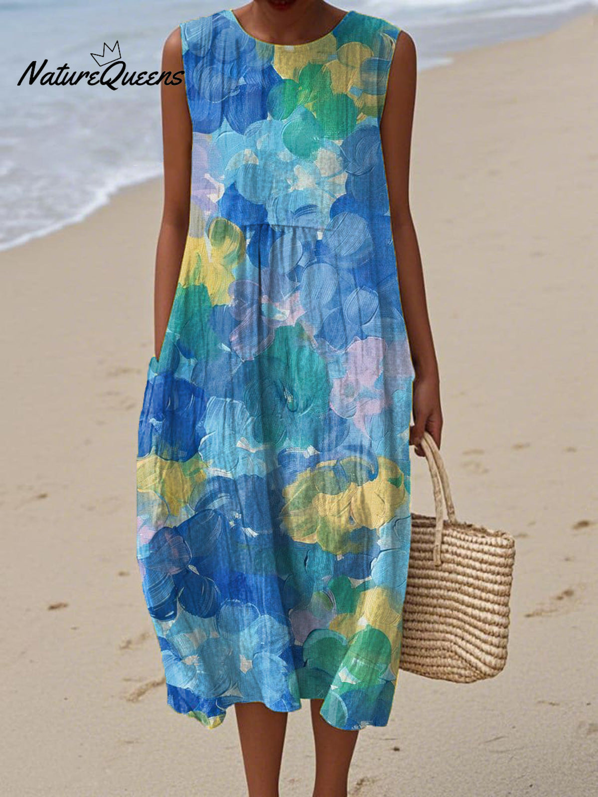 Women's Retro Art Blue Flowers Print Sleeveless Cotton Pocket Wrap Dress