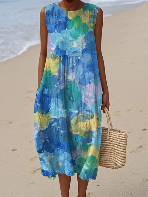 Women's Retro Art Blue Flowers Print Sleeveless Cotton Pocket Wrap Dress