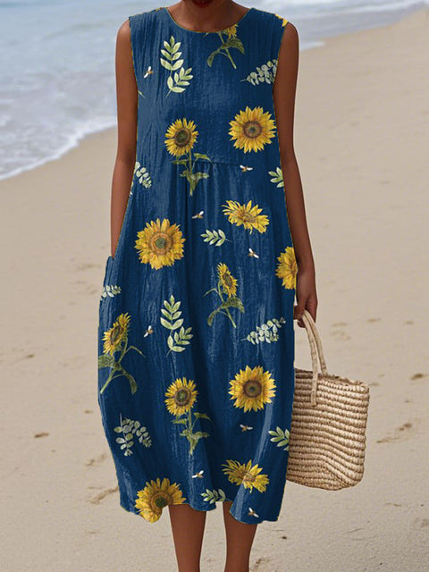 Women's Retro Art Sunflower Print Sleeveless Cotton Pocket Wrap Dress