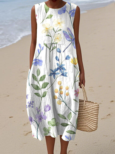 Women's Retro Watercolor Art Flowers Print Sleeveless Cotton Pocket Wrap Dress