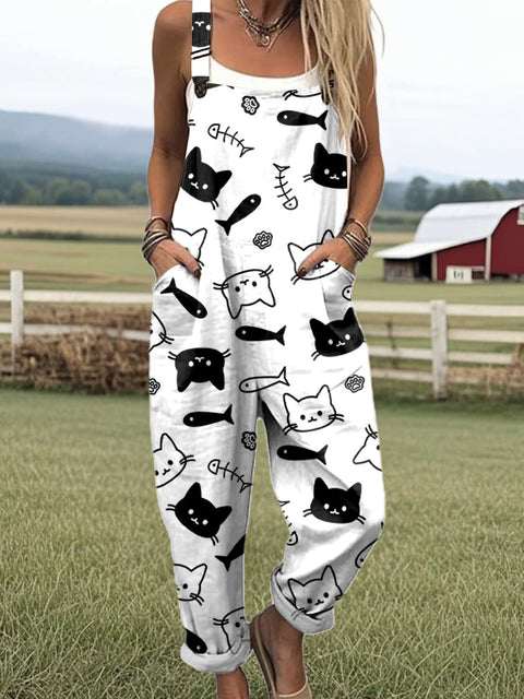 Women's Artistic Abstract Fun Cat Fish Print Casual 100% Cotton Wide Leg Jumpsuit