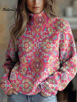 Women's Retro Ethnic Art Flowers Print Knit Turtleneck Pullover Sweater