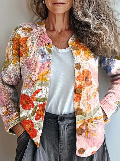 Women's Retro Art Floral Print Buttoned Cardigan Sweater