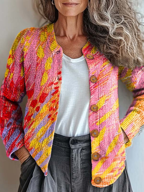 Women's Colorful Artistic Abstract Geometry Print Buttoned Cardigan Sweater